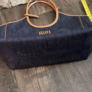 Stylish Denim Tote Bag with Tan Accents non designer large denim style tote